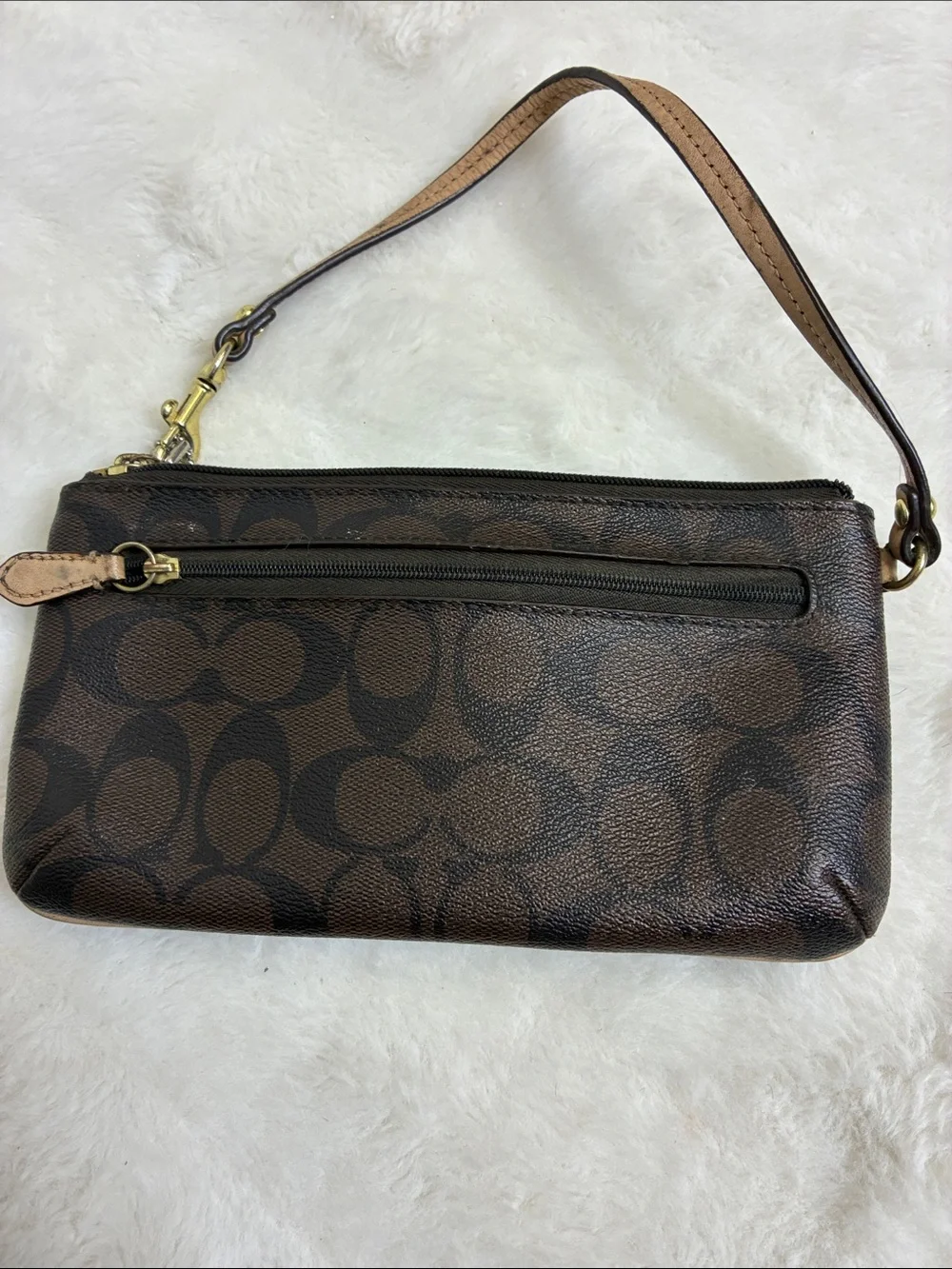 Coach Brown Signature Canvas Wristlet with Gold Hardware